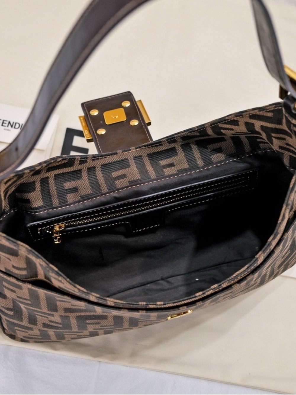 Fendi Brown and Black FF Logo Shoulder Bag with Gold Buckle - Picture 4 of 8